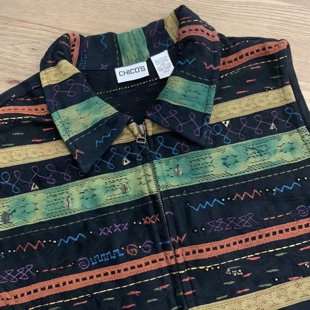 Chicos Size 2 Large Art To Wear Embellished Zip Knit Top Southwest Multicolor